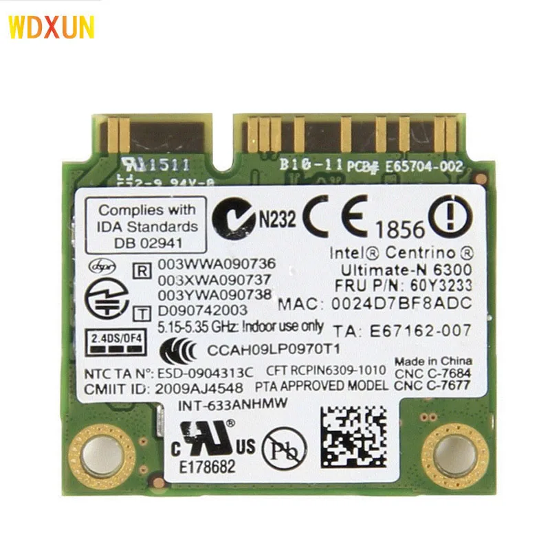 듀얼 밴드 633an 6300an 633anhmw 하프 미니 pcie 무선 wifi 카드 fru: 60y3233 60y3232 450m for ibm y460 x230 x220 t410 t420