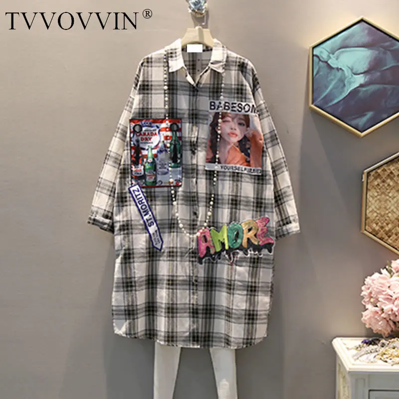 Tvvovviny/клетчатая блузка с блестками и буквенным принтом, женская одежда 2019, модная универсальная рубашка, топ, воротник поло, осень, F634