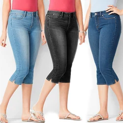 4xl calças de brim tamanhos grandes 2021 calças capri verão calças jeans shorts panturrilha comprimento calça feminina magro meados da cintura preto branco