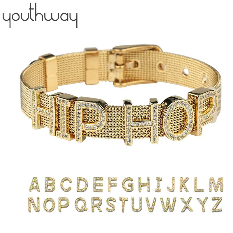 

FREE Custom DIY Unisex personalized name bracelet golden Stainless Steel zircon paved alphabet wrist strap watch Bracelet