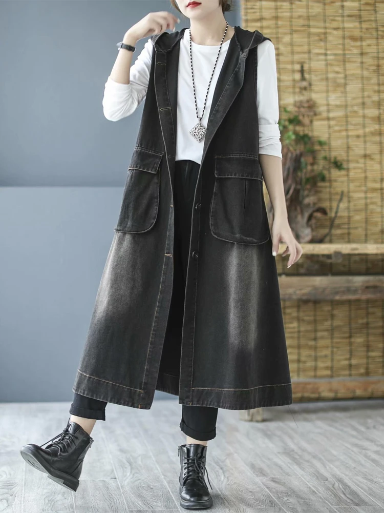 ladies long puffer coat Masss Wasss Korean Style Denim Hooded Long Vest Coat 2021 Women Button Loose Vintage Waistcoats Female Punk Sleeveless Clothes puffer coat with hood