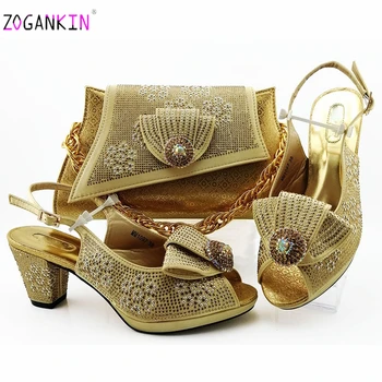 

Latest Italian Women Matching Shoes and Evening Bag High Quality Special Design African Part Shoes and Bag to Match in Gold