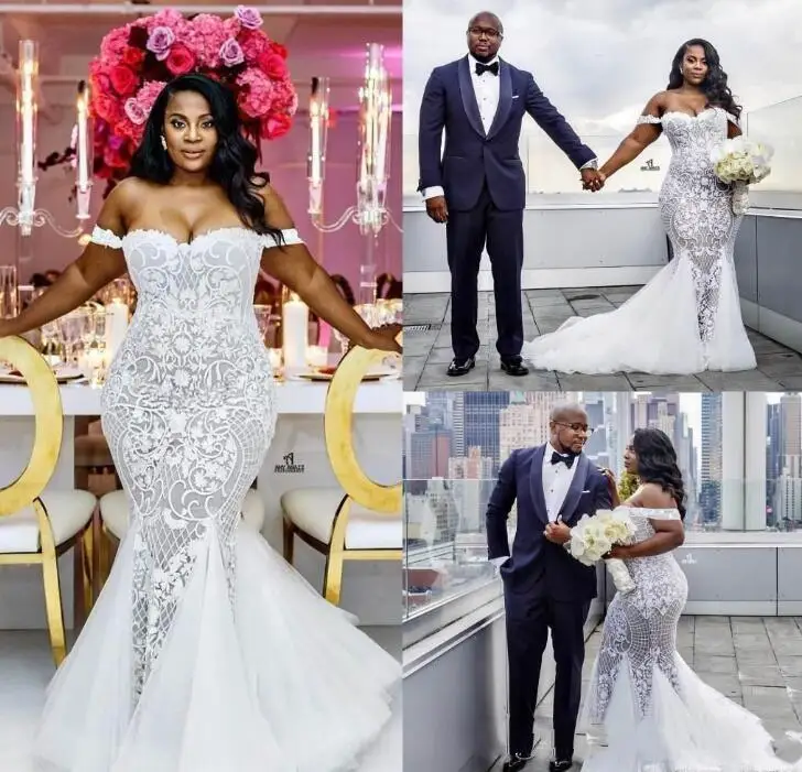 

Mermaid Wedding Dresses Modest Plus Size Off Shoulder Bridal Gowns Sweep Train Tulle Lace African Wedding Dress Custom Made
