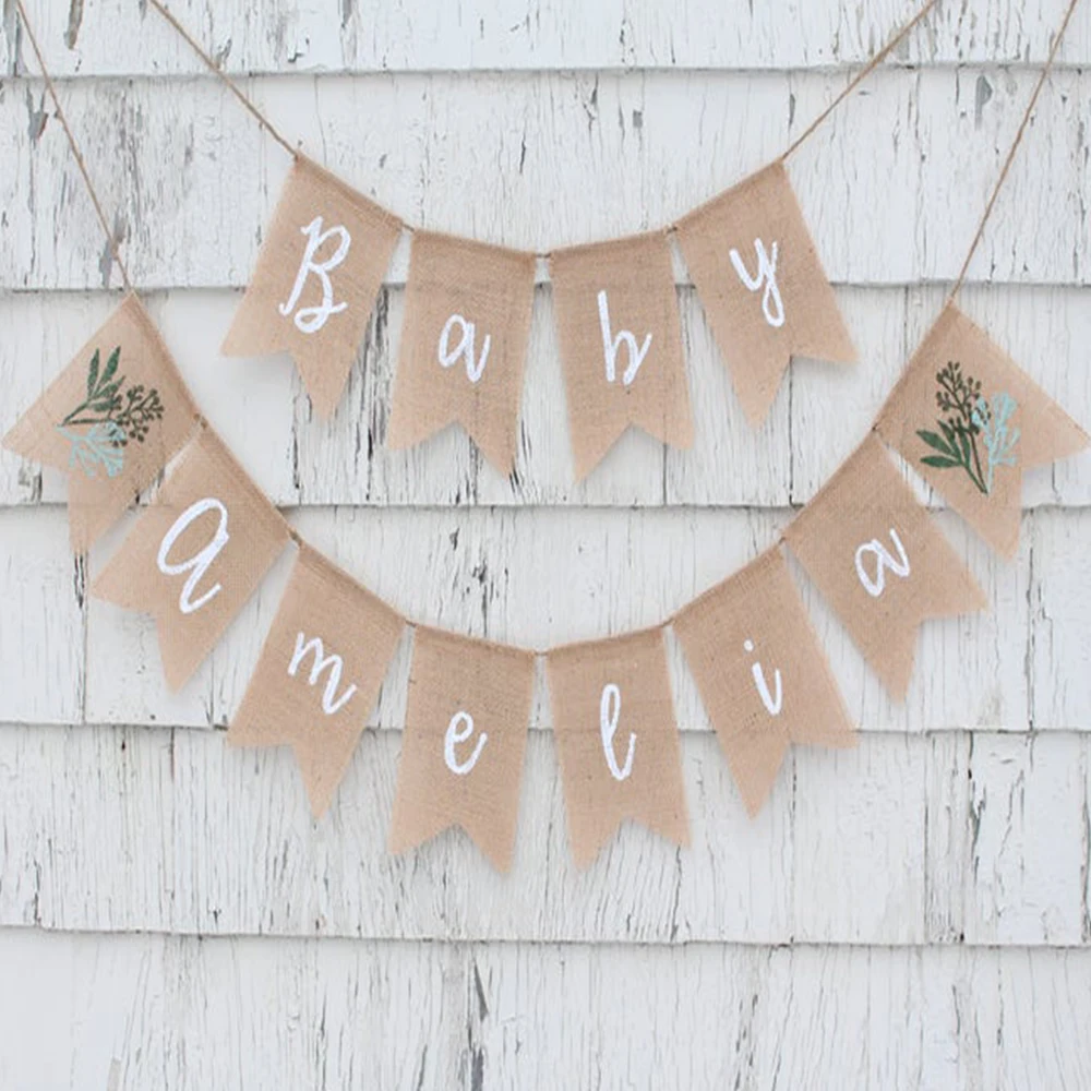 

Custom Baby Name Banner, Greenery Baby Shower Decorations, Baby Shower Burlap Banner, Personalized Baby Name Banner