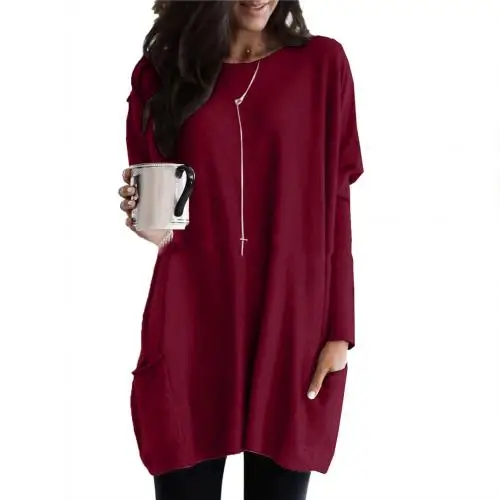 Женский пуловер с длинными рукавами и круглым вырезом, свободный, однотонный, с карманами, туника, топ, Повседневный, свободный, нейлон/полиэстер/спандекс, женский топ-туника - Цвет: Wine Red