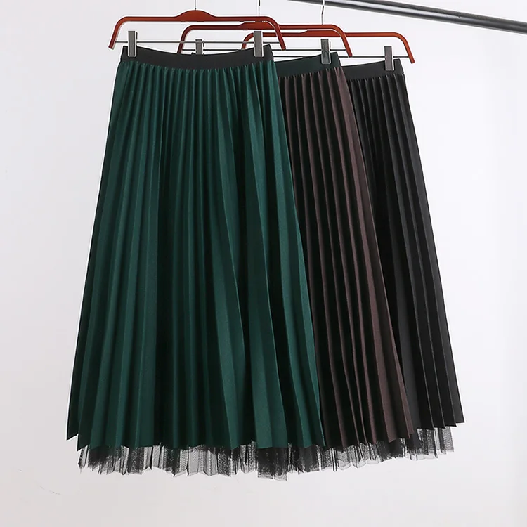 Винтажная черная зеленая плиссированная юбка-трапеция из сетки средней длины для женщин, зимние женские модные юбки, женские эластичные юбки saia saias
