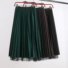 Винтажная черная зеленая плиссированная юбка-трапеция из сетки средней длины для женщин, зимние женские модные юбки, женские эластичные юбки saia saias