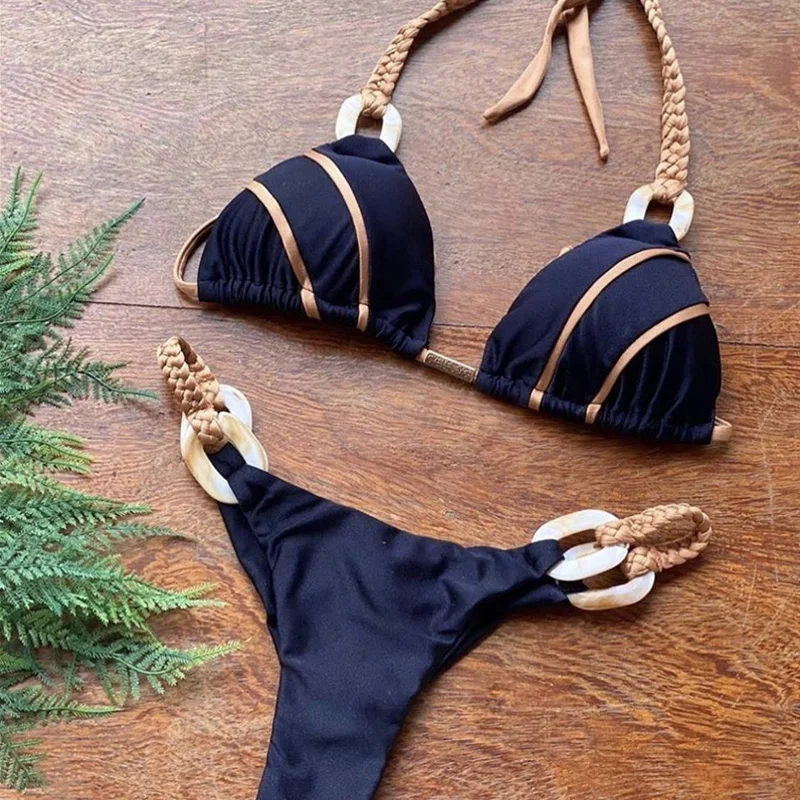 Weave triangle swimsuit separate biquinis women new two piece suit Ring sexy bathing suit swimming Halter micro swimwear