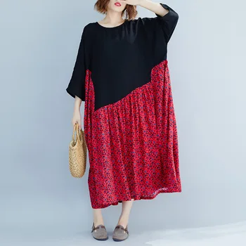 

Johnature 2020 New Casual Plus Size Patchwork Print Long Dress Spring Korean O-neck Three Quarter Sleeve Women Dresses