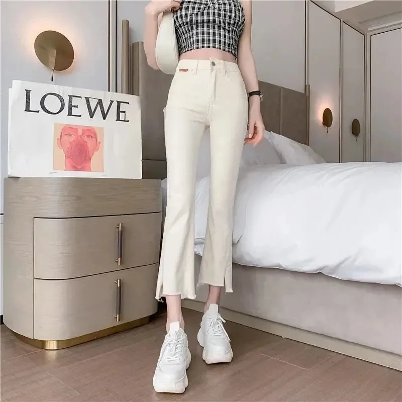 Micro-Flared Women Jeans 2021 Female Autumn Korean Style Eight-Point Section High-Waisted Wide-Leg Cropped Flared Pants Summer D 2021 spring frayed micro flare jeans women s spring large size high waist thinning fringed stretch cropped pants