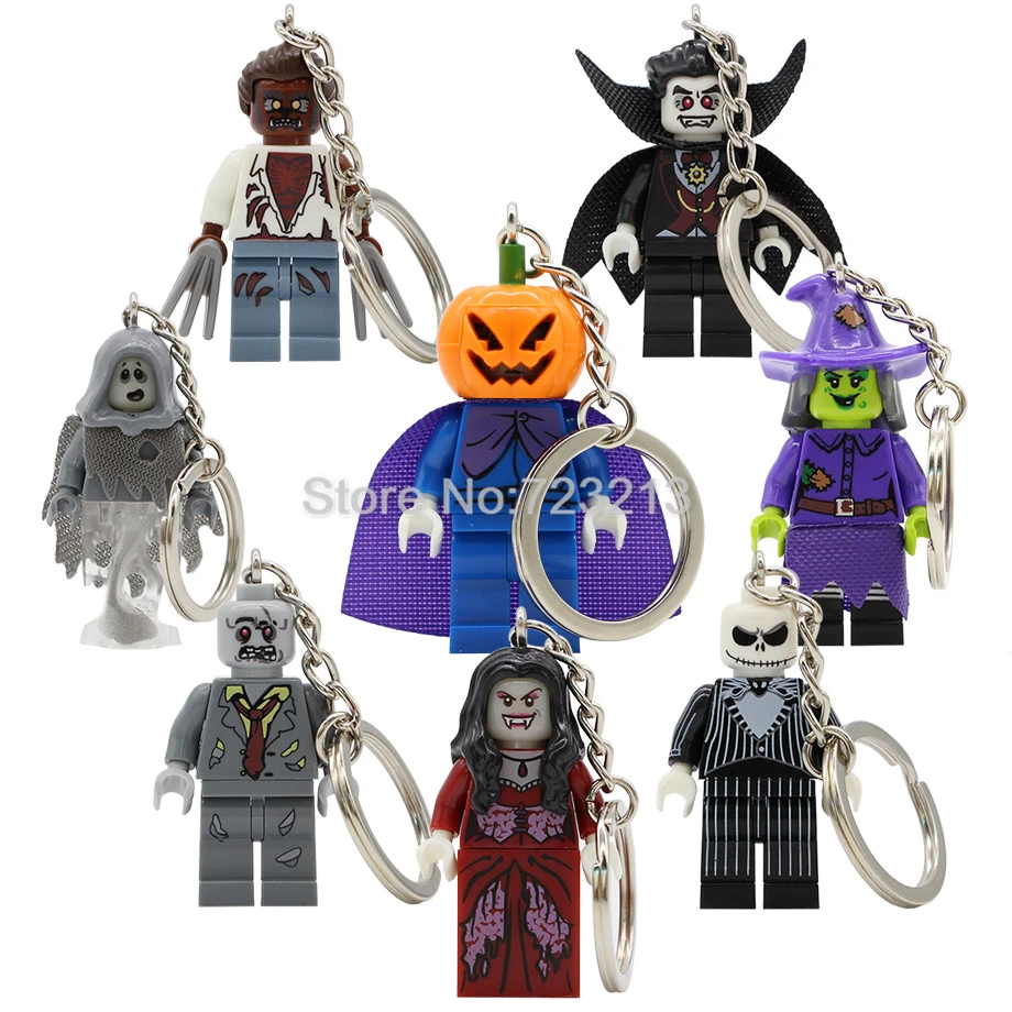 

Halloween Figure Keychain Key Ring Skeleton Werewolf Zombie Ghosts Pumpkin Man Vampire Count Queen Building Blocks Model Toy