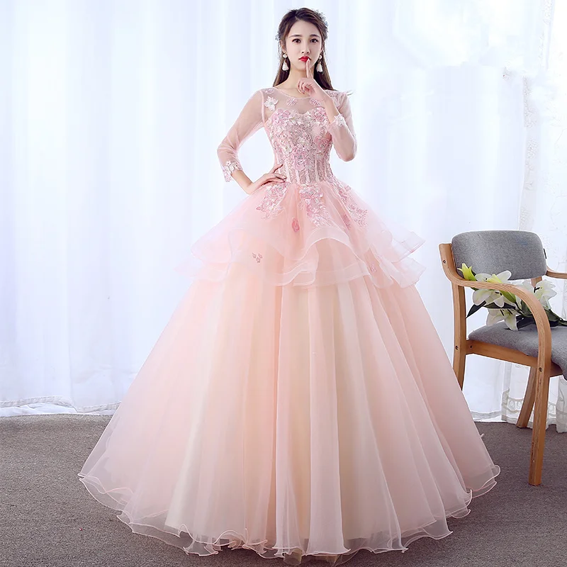 

Pink Wedding Gown Long Sleeves Embroidery Dress Ruffles Robe De Mariee Rose Luxury Bride Gown Robe De Soiree de Mariage