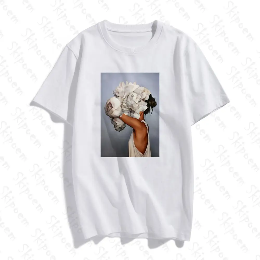 New Cotton Harajuku Aesthetics Tshirt Sexy Flowers Feather Print Short Sleeve Tops &amp Tees Fashion Casual Couple T Shirt 2020 Hi | Мужская