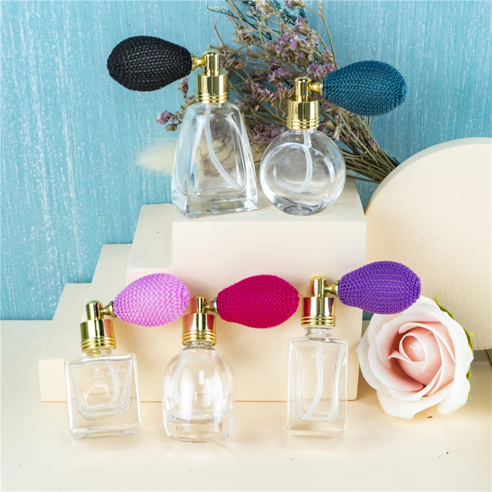 Mini Glass Spray Perfume Bottle with Gold Metal Cap, Short Atomizer, Refillable Small Jars, 5 Different Shape, 10ml, 5 PCs/Bag