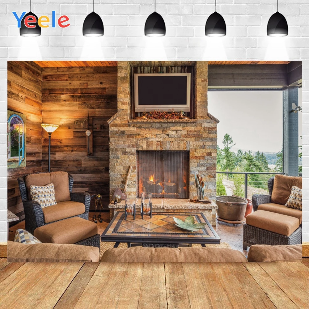 

Yeele Wooden House Stone Fireplace Sofa Table Window Background Photophone Photography for Photo Studio Decor Customized Size