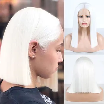 

Bombshell High Quality Beauty 13*3 Synthetic Lace Front Mesh White Short Straight Hair Wig No Glue Heat Resistant Fiber, Bob Wig