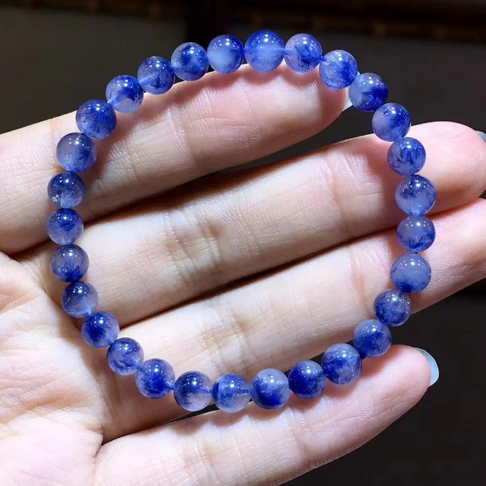 

Natural Blue Dumortierite Quartz Rutilated Round Crystal Women 6mm Clear Beads Stone Bracelet From Brazil Certificate AAAAA