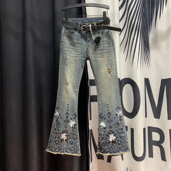 

European Flare Pants Woman Beaded Vintage Ripped Jeans Woman 2020 Spring New High-Waist Worn Loose Jean Pants Ladies Jeans Femme