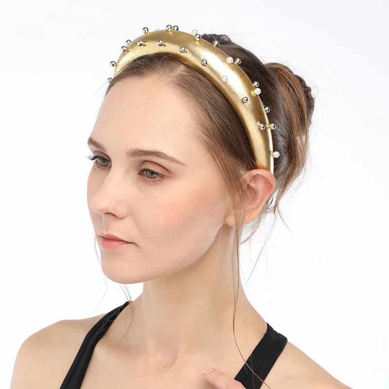

New Fashion Crystal Bling Pearl PU Padded Headband Sponge Plain Color Shiny Hair Band Headwear Girls Women Hair Accessories