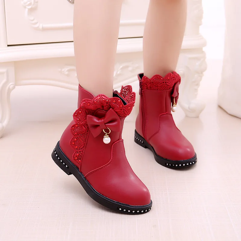 2020 Winter new PU Leather Kids Martin Boots Lace Trim Girl Snow Boot for Children EU size 27-37