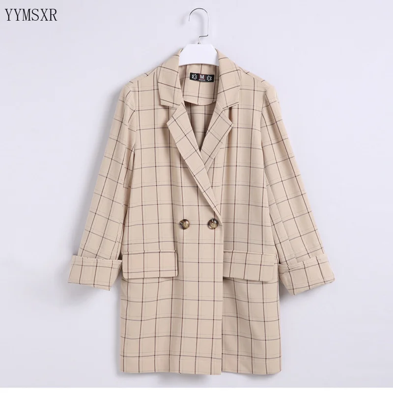 

2019 spring and autumn women's suit coat Casual elegant loose checked mid-length ladies jacket and blazer Female high quality