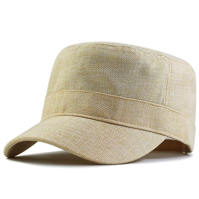  - 2021 Summer Cool Thin Faux Linen Flat Top Sun Hat Men Big Size Army Military Cap 56-60cm 60-66cm