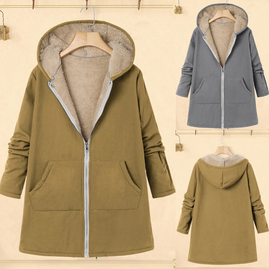 JAYCOSIN ladies large size jacket zipper hooded plus solid long composite plush casual fashion coat warm loose autumn and winter