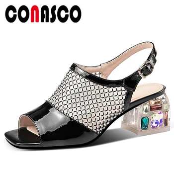 

CONASCO Fashion Elegant Genuine Leather Women Sandals Summer New Mesh Women Pumps Crystal Thick Heels Casual Wedding Shoes Woman