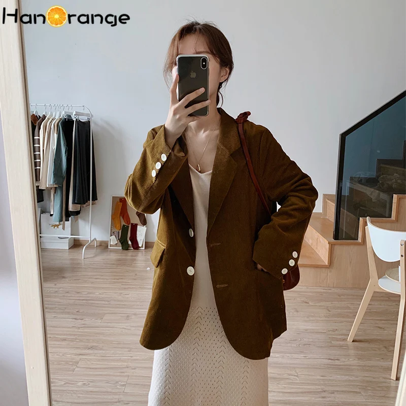 

Corduroy Jacket Loose Long Blazer Female 2020 Fall Women Cuff Buttons Casual Jacket