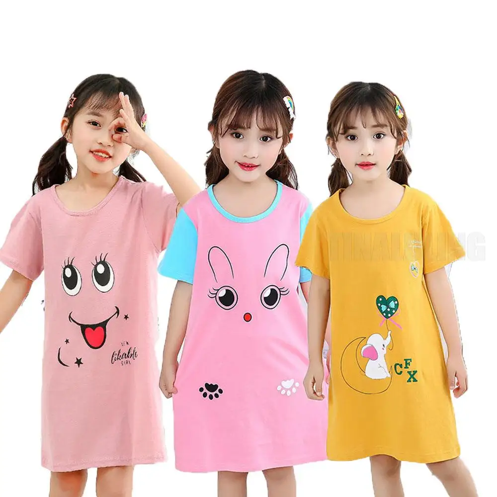 Home Dress for Teenage 2-13 Years Summer Rabbit Cartoon Night Dress Pink Princess Pajamas Kids Girl Nightgown Girls Sleepwear