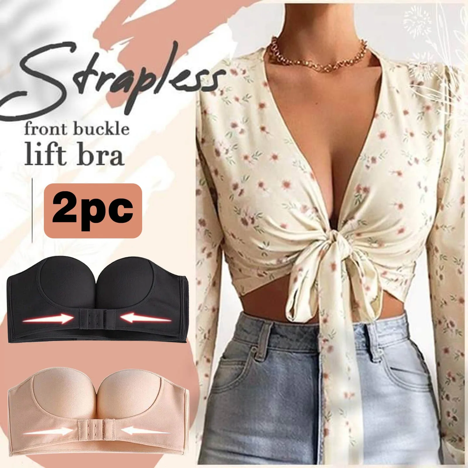 2PC Summer Sexy Invisible Bra Lingerie For Women Backless Seamless Underwear Strapless Push Up Mujer Brassiere Tube Top 2021 | Женская