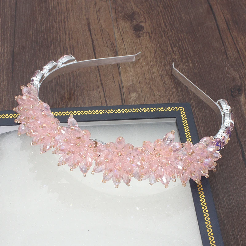 Baroque Fashion Handmade Personality Pink Transparent Crystal Flower Wild Geometric Headband Small Particles Luxury Headband - Окраска металла: pink headband