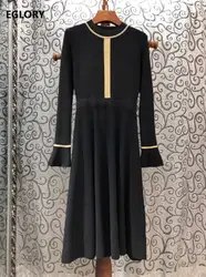 2019 осенне-зимнее длинное платье-свитер, Женское шерстяное вязаное платье высокого качества в золотую полоску, платье с длинным рукавом