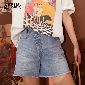 

SAM'S TREE Blue Solid High Waist Washed Casual Denim Shorts Women 2020 Spring Pure Raw Hem Irregular Ladies Basic Daily Bottom