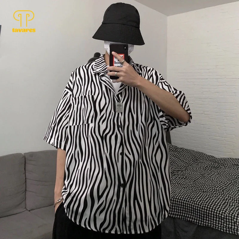 

TAVARES Men Casual Shirts Summer Short Sleeve Zebra Stripes Shirt Fashion Black White Oversized Cardigan