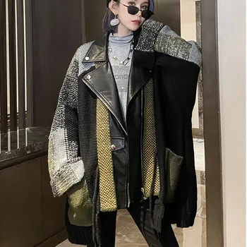 

LANMREM 2020 new winter fashion women clothes turn-down collar batwing sleeves knitting patchwork pockets coat WO12706