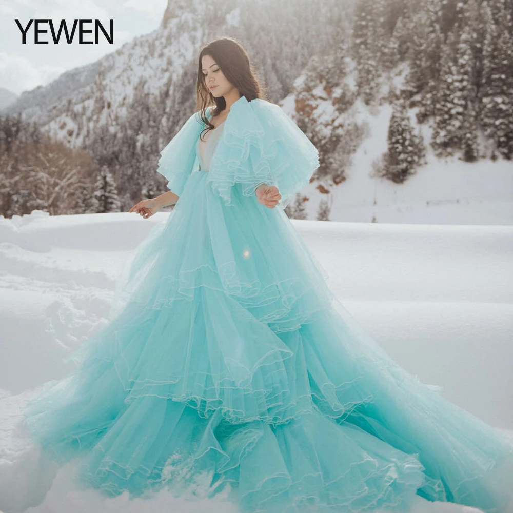 

Fluffy Evening Dress Long V Neck Ruffles Prom Gown for Photoshoot or Babyshower 2021 Bridesmaid Gown YEWEN