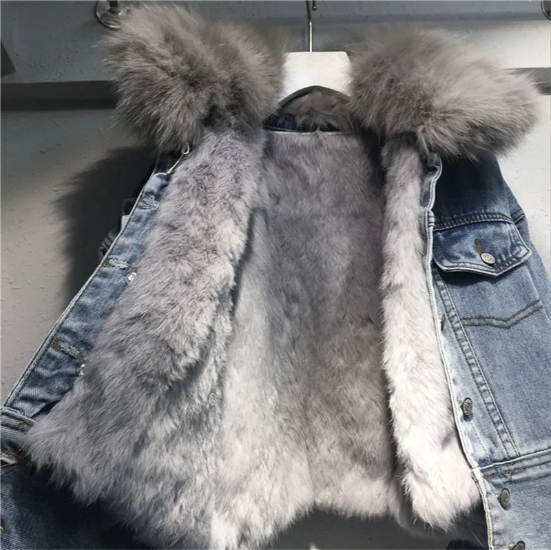 Бархатная Толстая джинсовая куртка, женская зимняя куртка с большим кроличьим меховым воротником, корейское локомотивное пальто из овечьей шерсти, женское студенческое короткое пальто R26