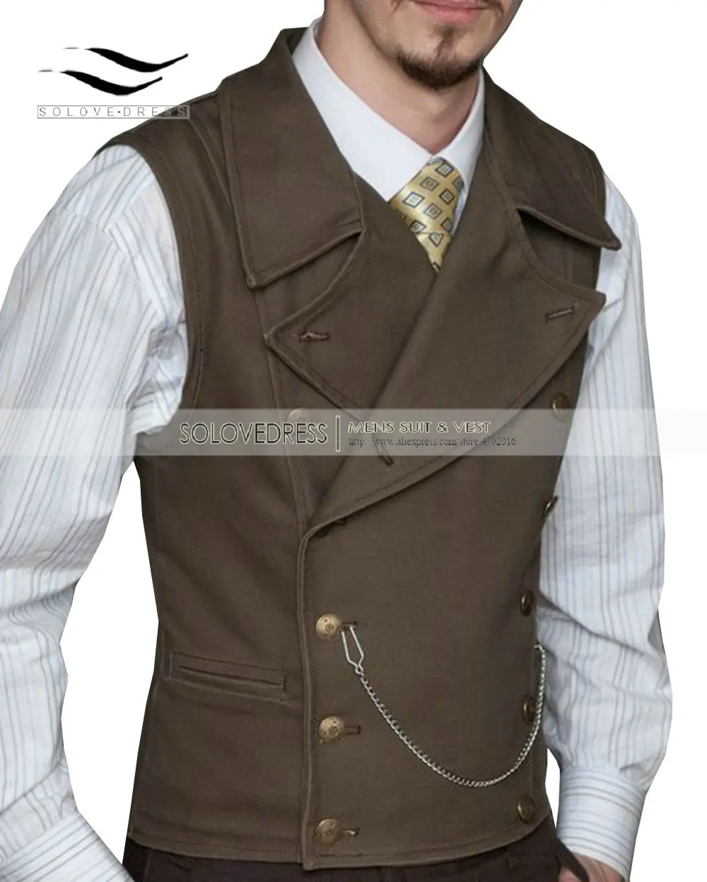 Mens-Suit-Vest-Lapel-Neck-Wool-Brown-Waistcoat-Casual-Formal-Double-breasted-Business-Slim-Fit-Vest