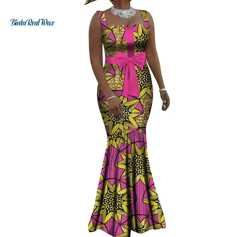Платья с принтом в африканском стиле для женщин, длинные платья с бантом на ремешке, платья Bazin Riche, платье в африканском стиле, одежда WY3738 - Цвет: 4