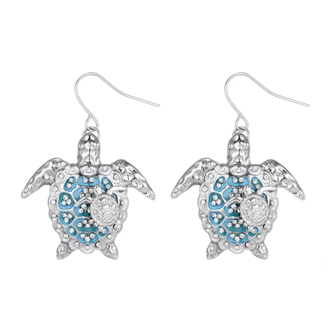 Ladies Turtle Cute Earring Beach Party Sea Turtle Rhinestone Drop Earring Crystal Mom and Baby Silver Long Earring Jewelry