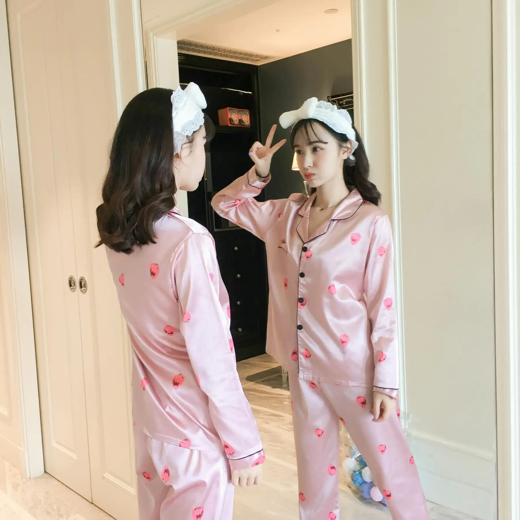 Spring And Autumn Pajamas Long Sleeve GIRL'S Imitated Silk Fabric Fashion Simple Waxberry Open Buckle Plus-sized Trousers Homewe