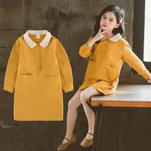 DFXD/желтое весеннее детское платье для девочек от 3 до 12 лет элегантное прямое праздничное платье с отложным воротником одежда для подростков Vestidos