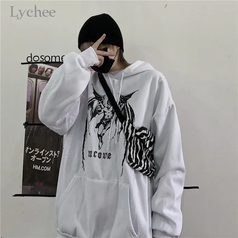 Lychee Harajuku дьявол письмо женские флисовые толстовки с капюшоном Весна Осень Зима Леди Топы повседневные свободные карман женские толстовки