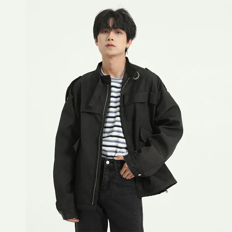 

Men Stand Collar Casual Jacket Overcoat Male Retro Fashion Spring Autumn Streetwear Hip Hop Loose Coat Outerwear