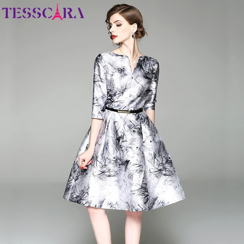TESSCARA, женское элегантное платье трапециевидной формы на весну и осень, Женские винтажные дизайнерские вечерние платья, высокое качество, Ретро стиль, женское платье