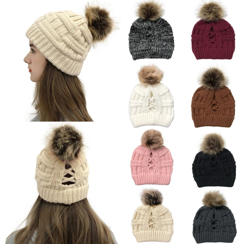 

Women Warm Crochet Knit Beanie Hat with Removable Pompom Crisscross Ponytail Cap 649C