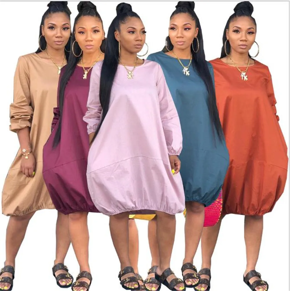 

Woman Dress Solid Pullover Long Sleeve A Line Dress Loose Casual Patchwork Spring Autumn Dress