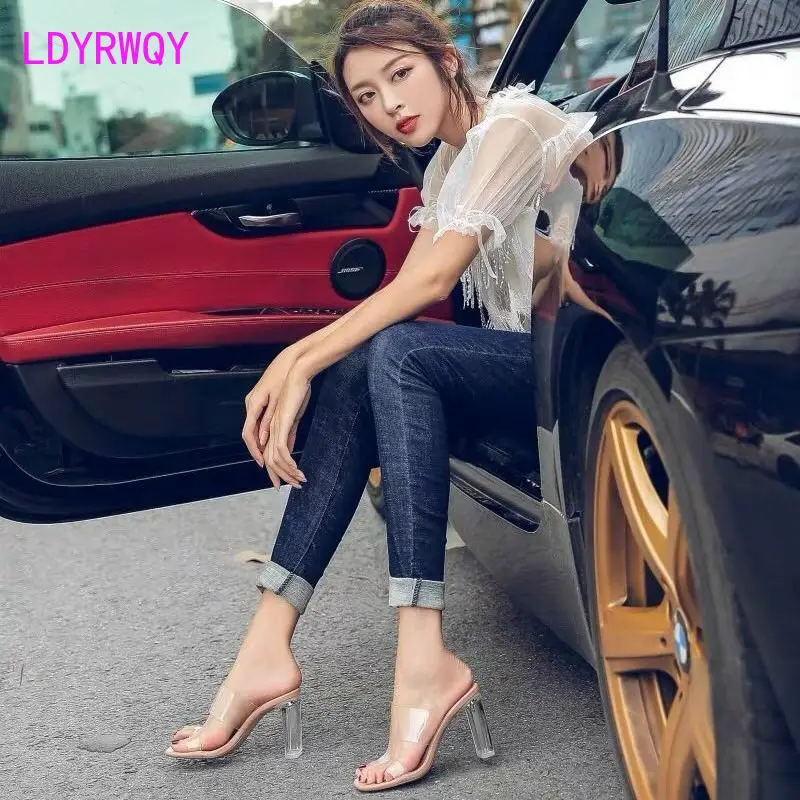 2021 new summer transparent women's mid-heel thick-heel crystal high-heeled slippers