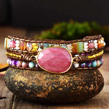 Leather Wrap Bracelet Stones Multi Color Natural Beads Crystal Weaving